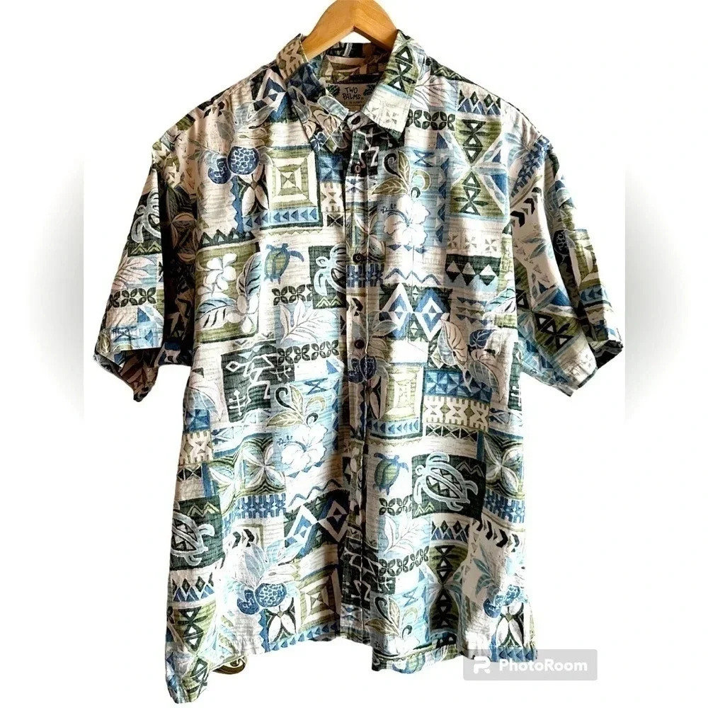 TWO PALMS Hawaiian Button Front Shirt Men's Tropical Aloha Camp Blue Green XL